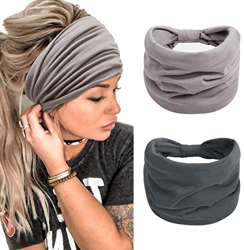 Haarband Damen Extra Breit Stirnband Boho Haarbänder Yoga Knot Stirnbänder Sport Elastische Haarschmuck (Dunkelgrau + Hellgrau)