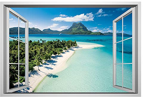 Lichi 3D Fake Window Wall Sticker of Island Beach Scenery View Mural Decal for Home Decoration