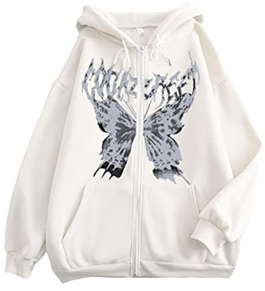 Tomwell Kapuzenpullover für Damen Herren Graphics Harajuku Sweatshirt Vintage Y2K Hoodies Kordelzug für Paare Druck Pullover mit Kapuze 90er E-Girl Streetwear Top C Weiß M
