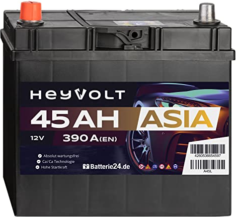 HeyVolt Asia Autobatterie 12V 45Ah 390A/EN Starterbatterie, absolut wartungsfrei, Pluspol Links