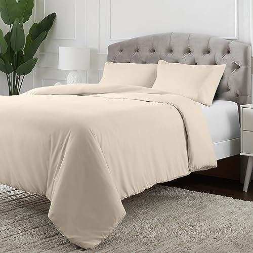 Mellanni Housse De Couette - Parure De Lit 2 Personnes avec Fermeture À Bouton - avec 2 Taies Oreiller 80x80 cm - (260x220cm, Beige)