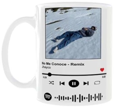 C&P Taza personalizada con foto y texto ENUNCIADO, pasar el enlace de la cancion. 350 ML Blanco brillo