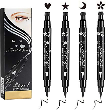 Gesichtsstempel & Eyeliner Set, 4 Stück Schwarz Augenstifte mit Motivstempel und Eyeliner / 2-in-1 Face Stamp and Liquid Winged Eye Liner Pen von „Linble“