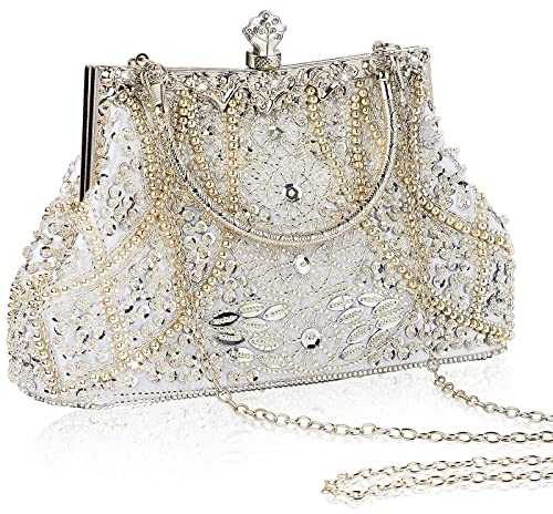Amylove Clutch, Abendtasche im Stil der 1920er-Jahre, Vintage-Stil, mit Perlen, für Braut, Hochzeit, Gäste, Geschenk, Geldbörse, Abschlussfeier, Abschlussball, Party, Clutch, silber
