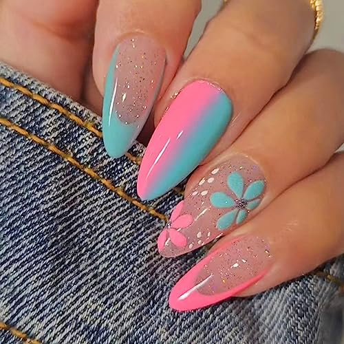 24Pcs Flower Press on Nails Short, Almond Fake Nails French Tip Glossy Blue Pink False Nail with Elegant Design, Stiletto Acrylic Full Cover Glue on Nail for Women and Girls DIY Manicure