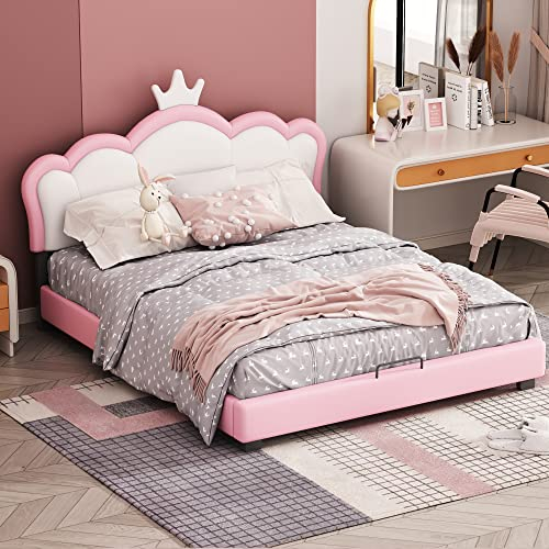 Azkoeesy 140 x 200 cm letto per ragazze, letto matrimoniale, letto imbottito in similpelle, testiera a forma di corona, letto per adulti, rosa (140 x 200 cm)
