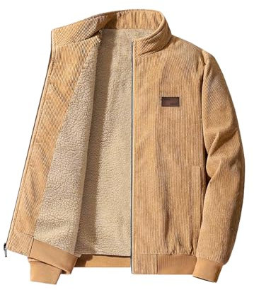 Elegancity Herren Jacke Cordjacke Stehkragen Teddyfell Gefütterte Regular Fit Reißverschluss Winterjacke Warme Mit Taschen Khaki, XL