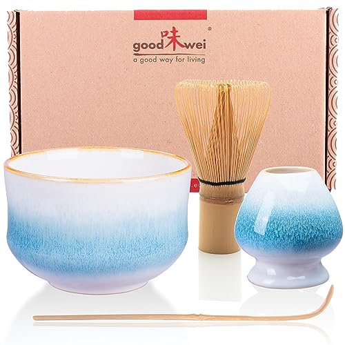 Goodwei Matcha Kit con Frusta Matcha, Ciotola Matcha e Supporto Frusta in ceramica con lo stesso design | Tazza Matcha Chawan, 320 ml | The Matcha Set Regalo (80, Rindō)