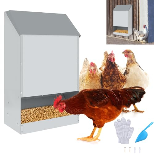LARS360 Futterautomat Verzinkter Stahl, 50Lbs Kapazität Hühner Futterspender mit schrägen Deckel Groß Geflügelfutter für Outdoor wetterfest , HüHnerfutterautomat für Hühner, Enten, Truthähne & Gänse