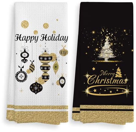 NOQL Schwarze und goldene Weihnachtsdekoration, Küchentücher und Geschirrtücher, 2er-Set, Schwarz und Gold, Weihnachtsdekoration, Weihnachts-Trockentuch, Handtücher, Geschirrtücher für Badezimmer,