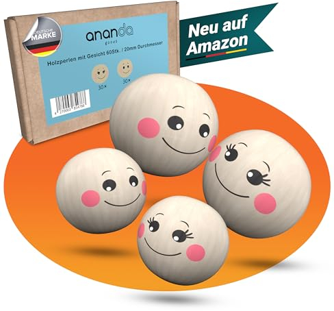 Ananda Goods Holzperlen mit Gesicht 20mm – Holzkugeln mit Gesicht [Weibliche & Männliche] Perlen zum Auffädeln für Sorgenwürmchen, Glückswürmchen, DIY Schlüsselanhänger & Glücksbringer (60 Stück)