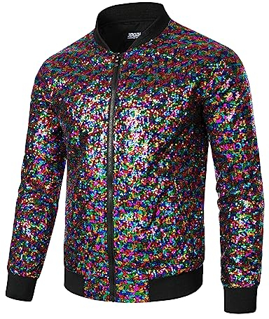 JOGAL Herren Metallic Pailletten Jacke 70er Baseball Bomberjacke Disco Nachtklub Party Kostüm Mehrfarbig Groß