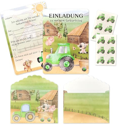 12× Traktor Einladungskarten Kindergeburtstag,mit Umschlägen & Stickern,Einladungen zum Kindergeburtstag Traktor,Einladungskarten Kindergeburtstag Junge,für Mädchen und Jungen Geburtstagseinladungen