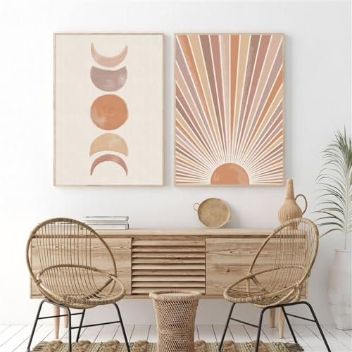JJoias 2 Stück Abstrakte Sonne Mond Druck Boho Moderne Minimalistische Poster Leinwand Mid Century Wandkunst Bilder Gemälde Wohnzimmer Schlafzimmer Dekor Kunstwerk-40x60Cm (16x24 Zoll) Ohne Rahmen