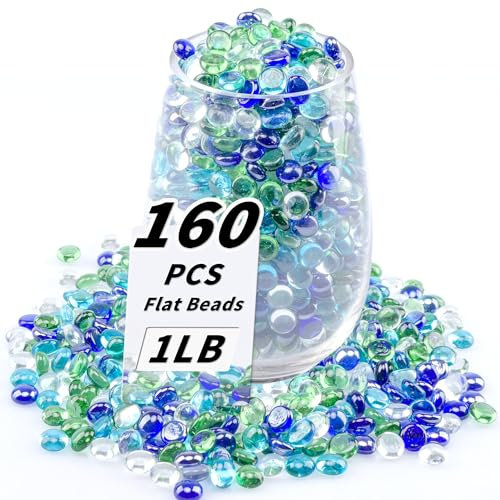 1 LB Flat Glass Beads, 160-180PCS Small Glass Marbles, Mini Flat Round Pebbles for Vase Filler and Floral, Fish Tank Rocks Decorative Gemstones for Home and Aquarium Décor,Mixed Green and Blue