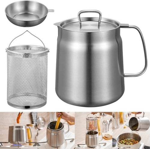 NZZVNZ Barattolo Contenitore Colino Olio in Acciaio Inossidabile 304, Contenitore per Grasso 2 L, Pentola per Filtro Olio Filtro a Maglia Fine per Friggere e Grasso da Cucina