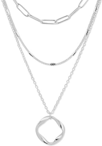 Mikovivi Multi Layer Necklace for Women, Stackable Long Trendy Paperclip Strip Chain Twisted Circle Pendant Charm Stacked Necklace for Women Jewelry Gift(Silver)