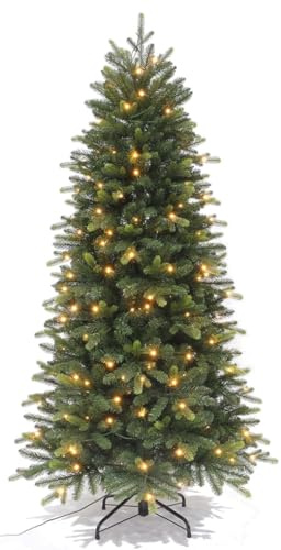 Best Artificial 6ft / 180cm Balsam Fir Pre Lit Christmas Tree With Real Feel PE Tips, Hinged With LED Lights