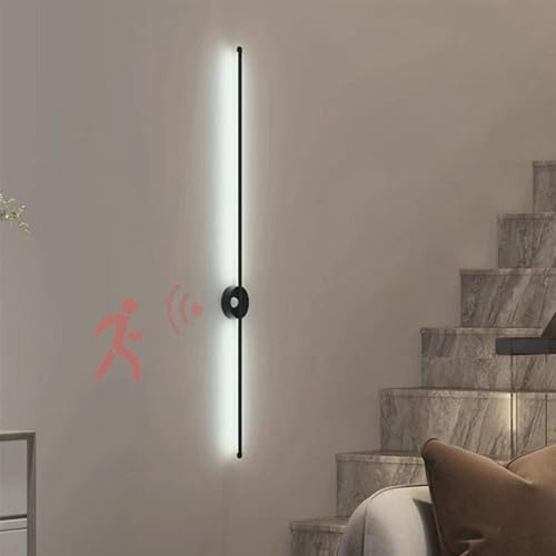 TZSMUM Innen Lange Wandleuchte mit Bewegungsmelder Wandbeleuchtung 3000K/4000K/6000K Wandlampe Modern Aluminium 24W 120CM Wohnzimmer Schlafzimmer Esszimmer Treppenhaus (120cm,Schwarz Weißes Licht)