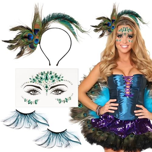 BOFUNX Pfau Kostüm Accessoires, Pfau Federn Haarreif + Glitzer Gesicht Tattoos + Falsche Wimpern Damen Pfau Kostüm 20er Jahre Kostüm Accessoires für Fasching Karneval Mottoparty Tanz Maskeraden