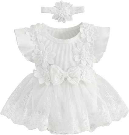 LYSINK Newborn Baby Girl Romper Dress Short Sleeve Mesh Tutu Dress Flower Lace Ruffle Jumpsuits Dress Headband 2Pcs Outfits (Ba White, 3-6 Months)