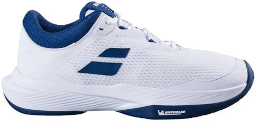 Babolat Men's, SFX 4 AC M Tennis Shoes, Size 9, White/Dark Blue, Superior Comfort, Wide Fit, Optimal Support, Extra Cush Technology, Lightweight and Ventilated Upper Thick Ortholite Sole, 9 UK