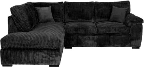 Jumbo Cord Elegante L-Form 4-Sitzer Links gerichtetes Ecksofa - Bequeme und Stilvolle Wohnzimmermöbel mit Chaiselongue (Schwarz)