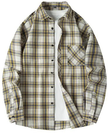 Chemise à carreaux pour homme Printemps et Automne Mode Rétro Personnalité Plaid Chemise Casual Jeune Manches Longues Drop Shoulder Chemise Homme Pas Cher, jaune, XL