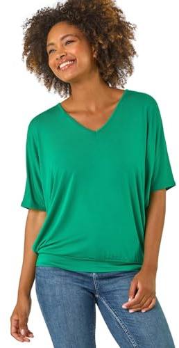 Roman Blouson Top for Women Ladies Bubble Hem Stretchy Jersey Puff Sleeve Summer Smart Casual Office Work Spring Everyday Evening Vacation Work Holiday V Neck - Plain Green - Size 12