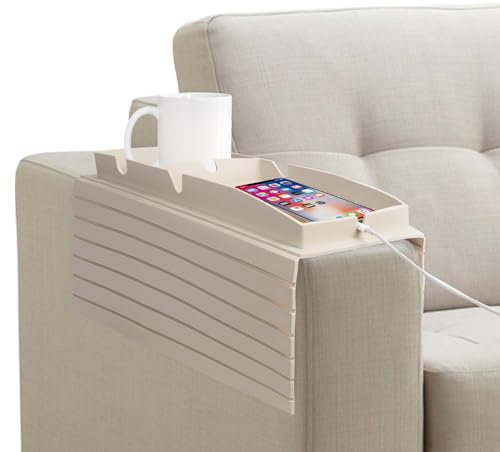 NiCola Sofa Armchair Tray Organiser, Beige Couch Cup Holder Tray, Silicone Couch Caddy with Non Spill Cup Holder for TV Remote Control, Coffee, Snacks, Glasses, Phone (Beige)