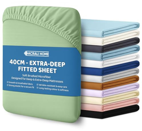 ACRALI HOME Microfiber Super King Fitted Sheet 40cm Extra Deep Fit Pocket - Breathable, Soft & Easy Care Sage Green Bed Sheet - Wrinkle Free & Fade Resistant (200x180cm)