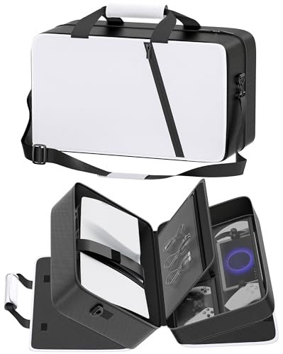 Sacoche de Transport PS 5 Compatible avec PS-5/Slim/Pro Digital & Disc, Valise de Voyage PS 5 Contenant Une PS Portal, 4 Cartes de Jeu, 2 Manettes, Sac de Protection de Accessoire Voyage(Noir & Blanc)