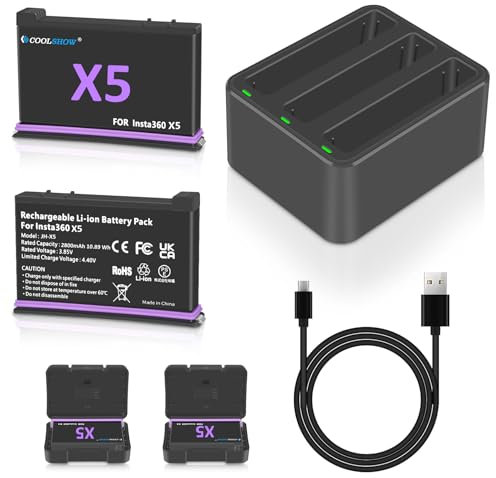 CoolSHOW 360 X5 - Batteria da 2800 mAh, 2 pezzi con custodia per batteria e caricatore rapido X5, design compatibile con fotocamera Insta360 X5 (2 batterie + 1 caricabatterie)
