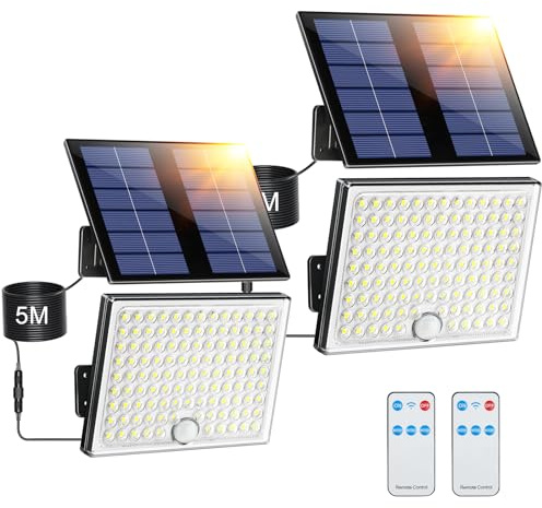 Giliwosy Faretto Led da Esterno Solare con Sensore di Movimento, Luce Solare Led Esterno con Telecomando 113 LED 2000mAh 4 Modes IP65 Impermeabile, Luci Solari da Giardino con 5M Cavo, 2 Pezzi