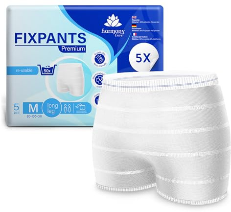 Harmony Care® Fixpants Premium - extra weiche Netzhosen bei Inkontinenz und Wochenbett - Fixierhosen für Inkontinenzeinlagen, zuverlässig haltende Netzunterhosen Netzhöschen long leg - M 5 Stück