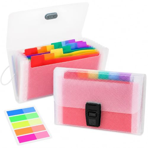 2 Stück Fächermappe A6 und Karteikartenbox A6 mit 13 Fächern | Robustes PP, 100 Etiketten, Clip und Schlaufe, für Belege, Coupons, Büro, Schule, Reise und Zuhause