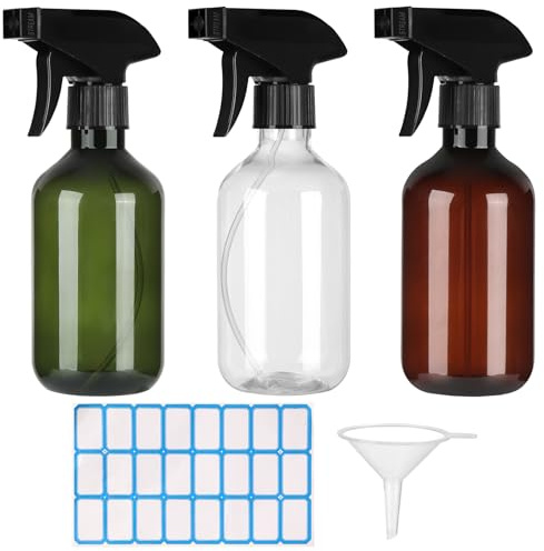 fengxuanwl 3 PCS Water Spray Bottle, 300ml Plastic Spray Bottles for Cleaning, Empty Plant Mister with Funnel and Sticker for Cleaning, Gardening, Hair, Pet (Dark Green, Brown, Clear)