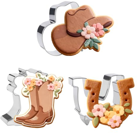 Fangleland 3 Pieces Cowgirl with Flower Cookie Cutters Set - Stainless Steel Cookie Biscuit Cutting Molds for Birthday Baby Bridal Shower Wedding Party Cow Boot Hat DIY Craft Home Baking Supplies