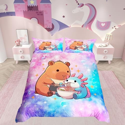 Homewish Cartoon-Capybara-Bettwäsche-Set für Kinder, Mädchen, Einzelbett, 1 Kissenbezug, niedliches Axolotl-Tierdruck-Bettwäsche-Set, rosa-blauer Farbverlauf, Galaxie-Bettwäsche-Sets mit bunten