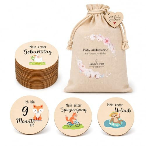 Baby Meilensteinkarten aus Holz – 12 runde Karten (24 Motive) – niedliche Tierfreunde, warmes Naturdesign – Monatskarten & besondere Momente (Tierfreunde)