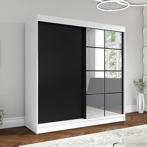 A&J MöbelLand Schwebetürenschrank Tina Kleiderschrank 2-türig mit Spiegel Garderobenschrank 200 cm (Weiß)