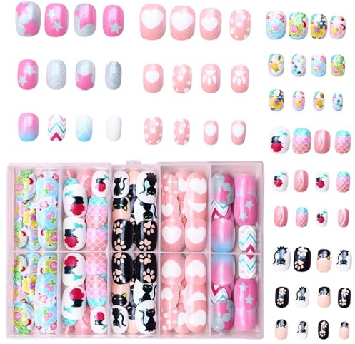 120 Pcs Cute Stick On Nails for Kids, Safe Press On Nails Girls Set with Jelly Glue, Kids Nail Set Easy Apply Nail Art Designs for Parties, Playdates and Dress Up, Fun Gift for Girls 6-12 Years