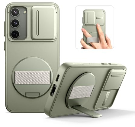 SURITCH Compatible with Samsung Galaxy S23 Case with 360° Rotatable Hand Strap Phone Grip Holder & Invisible Kickstand & Slide Camera Cover Rugged Shockproof Protective Cover - Sage Green