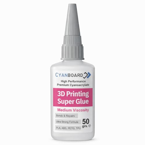 Cyanboard Super Glue Colle pour impression 3D 50 g – Viscosité moyenne – Adhésif transparent pour PLA, ABS, PETG et TPU – Colle plastique pour pièces imprimées en 3D, miniatures et réparations de