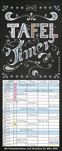 Tafel Timer 2027: Typo Art Familienkalender mit 4 breiten Spalten in Tafeloptik. Hochwertiger Familienplaner mit Ferienterminen, Vorschau bis März 2027.