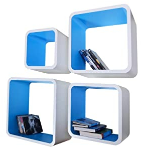 Cube Verstärkte Vielen Farben MDF Retro Design 4er Set Regal Regale Wandregal Deko Würfel CD DVD Lounge LO02 (Weiß/Blau)
