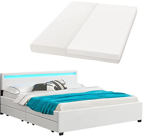 Juskys Polsterbett Lyon 180x200 cm mit Matratze, Bettkasten, LED Beleuchtung, Lattenrost & Kopfteil, weiß, Bett Bettgestell Doppelbett Ehebett