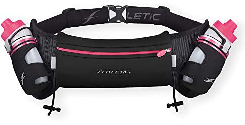 Fitletic Hydra 16 Hydrations-Laufgürtel mit Wasserflaschen für Männer und Frauen, 2 Schnellfluss-Wasserflaschen, 237 ml, patentiertes federfreies Design, wasserabweisende Tasche, passend für alle