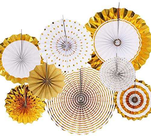 Time to Sparkle 8 Pack Mix Hanging Paper Flowers Party Fan Tissue Paper Fan Festival Party Wedding Home Birthday Decor, 6X Fan-Glitter Gold