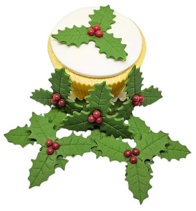 12 X Sugar Holly - Christmas Cake Decorations Edible - Christmas Cupcake Toppers Edible **5 STYLES TO CHOOSE FROM** (holly)